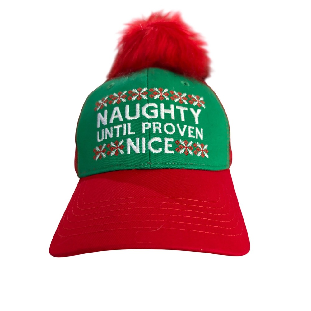Tipsy Elves Naughty Until Proven Nice Christmas Trucker Hat Red Green Pom Pom
